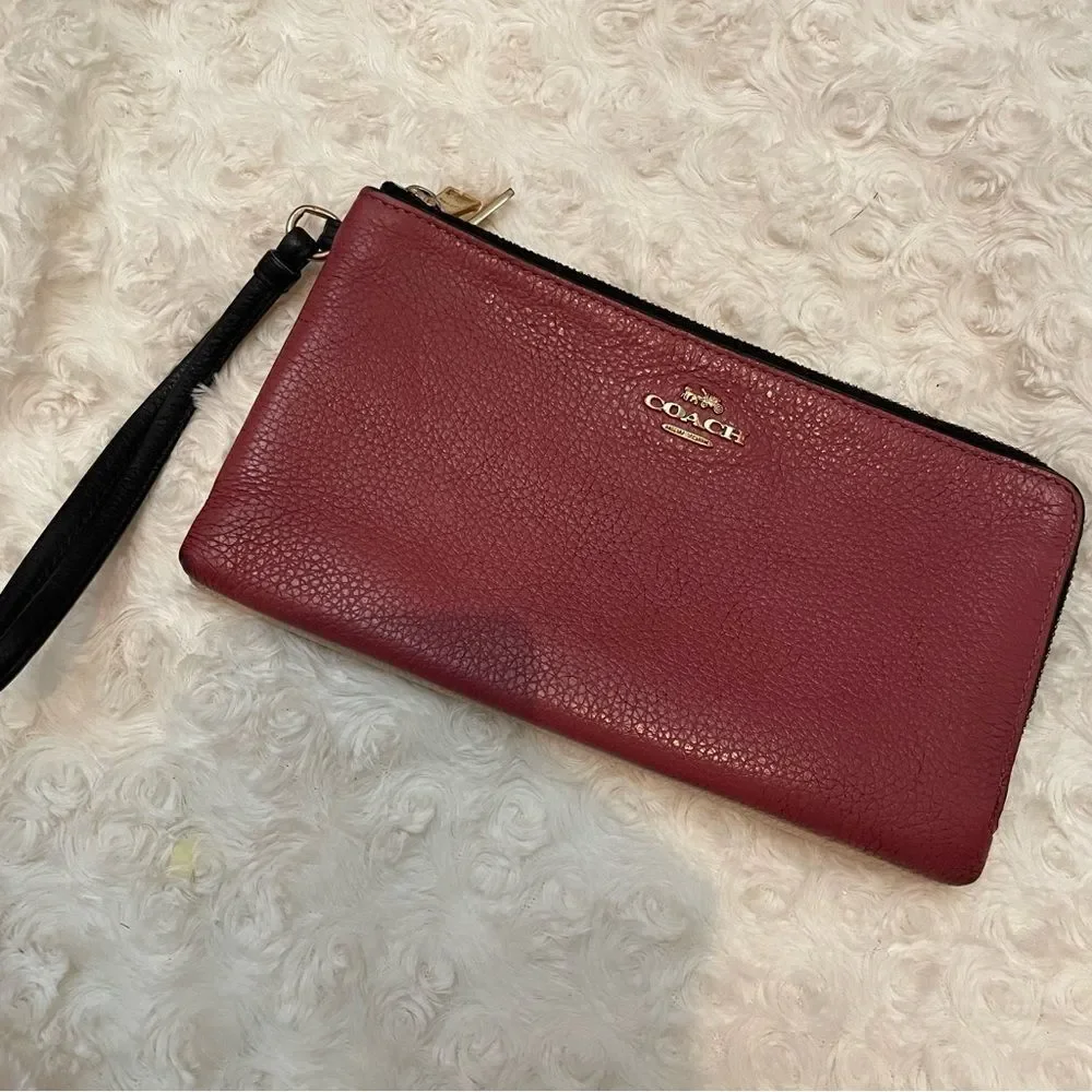 Coach Color Block Rouge Creme Pebbled Leather Large Double Zip Wristlet Wallet